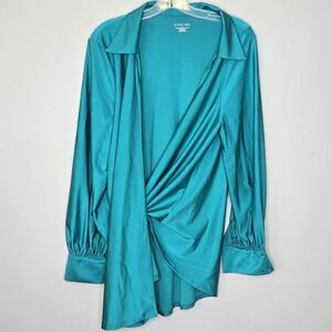 Divino Seas Teal Blue Satin Draped Knot Front Large Long Sleeve Swim Cover